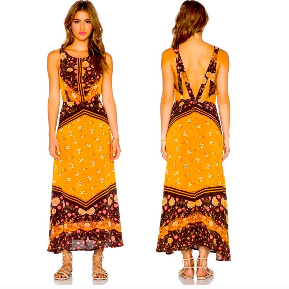 Free People Sunrise Oblivion Maxi Dress Antique Gold Floral Cutout Strap K34